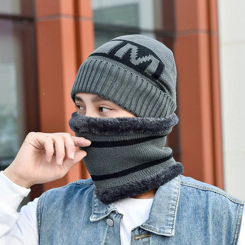 Men's New Fashion Winter Warm Beanie Hat And Scarf Set, Knitted Skull Cap Neck Warmer