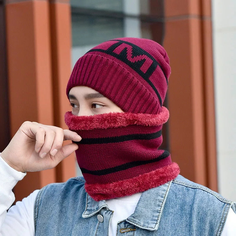 Men's New Fashion Winter Warm Beanie Hat And Scarf Set, Knitted Skull Cap Neck Warmer