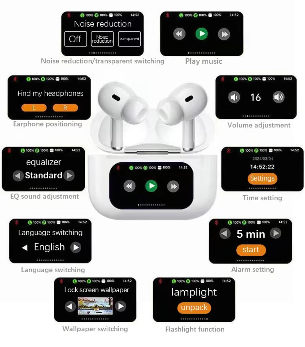 A9 Earbuds Touch Screen ANC/ENC Noise Reduction Touch Control Bluetooth 5.4