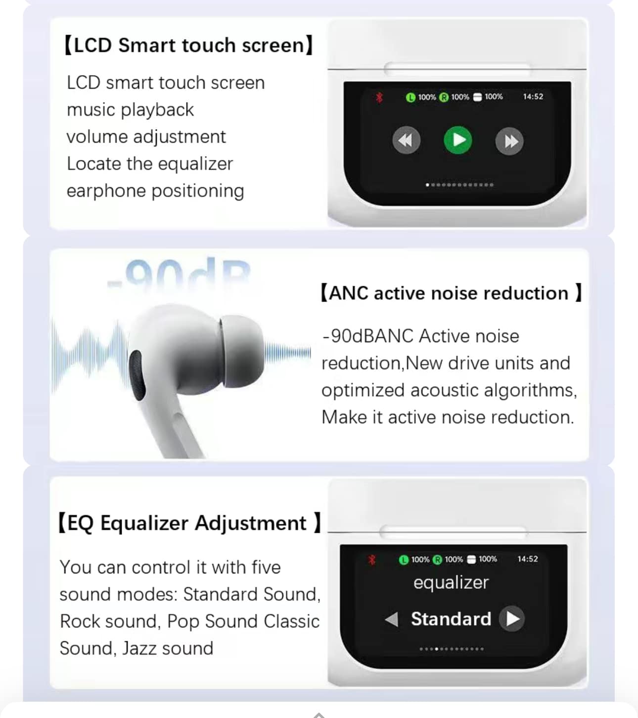 A9 Earbuds Touch Screen ANC/ENC Noise Reduction Touch Control Bluetooth 5.4