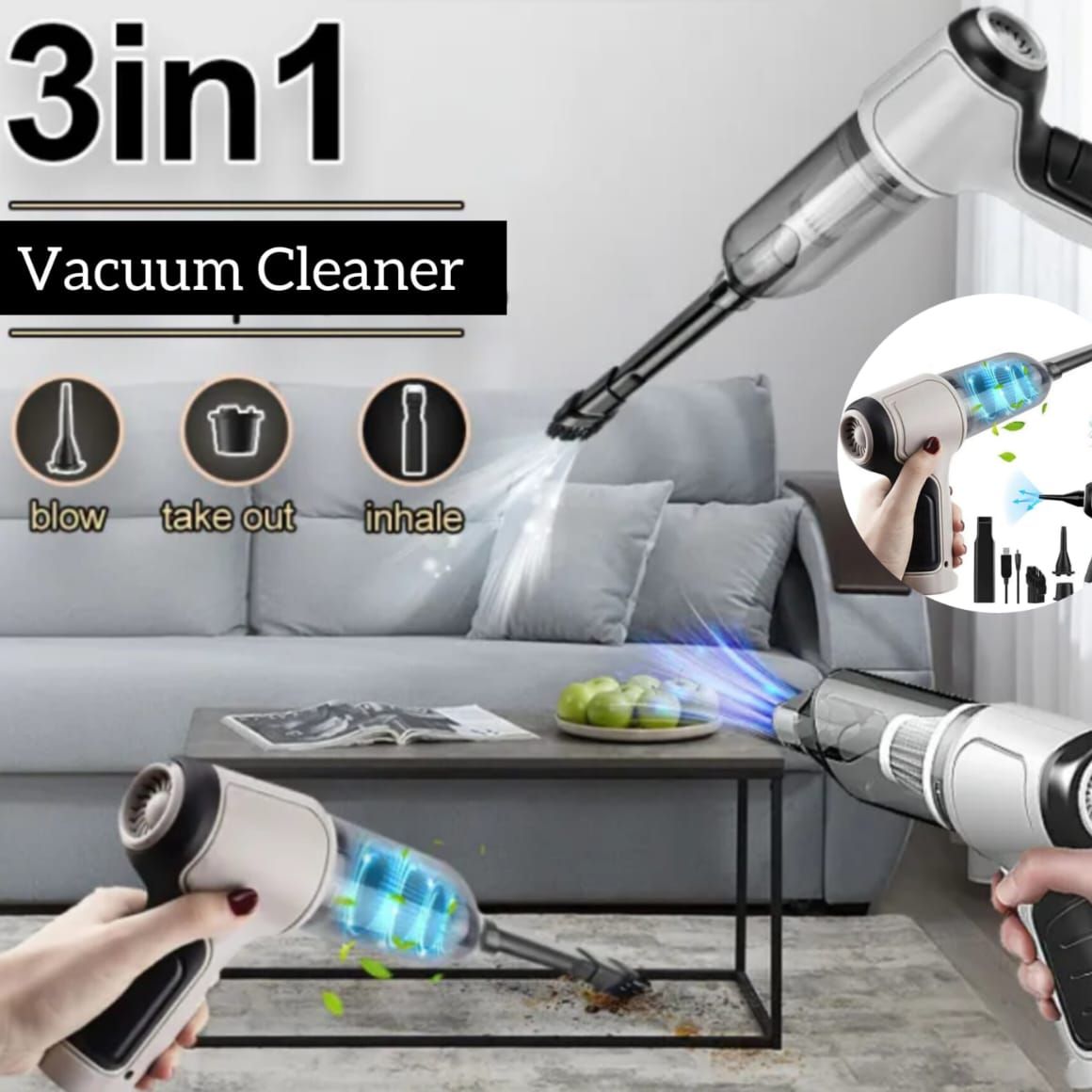 3 In 1 Vacuum Cleaner Dual Mode Cordless Handheld Wireless Handy Portable light weight Vacuum Cleaner with LED Light, Dust Collection Lighting Mini Wet Dry Vacuum for Car Sofas Carpet Interior &Home Office Cleaning Tool Strong suction
