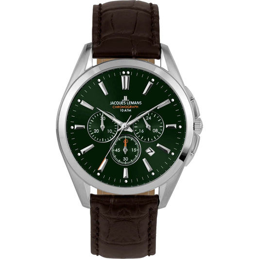 J. Leman Chronograph Luxury Leather Strap Stainless Steel Watch